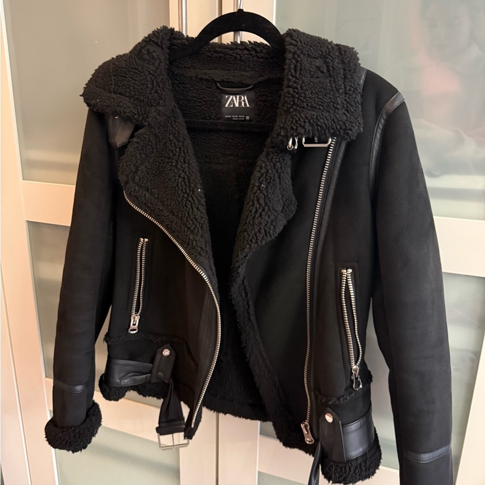 Zara Black Leather Shearling Jacket